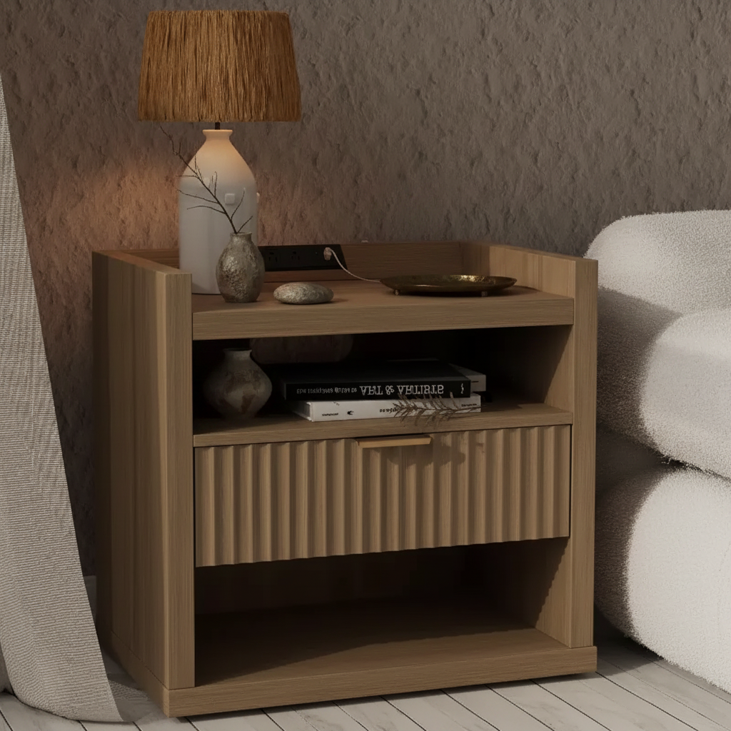 Table d'appoint en bois avec station de recharge, table de chevet à tiroir unique