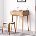 Coiffeuse moderne en bois avec tiroirs de rangement, étagères amovibles et rebords surélevés.