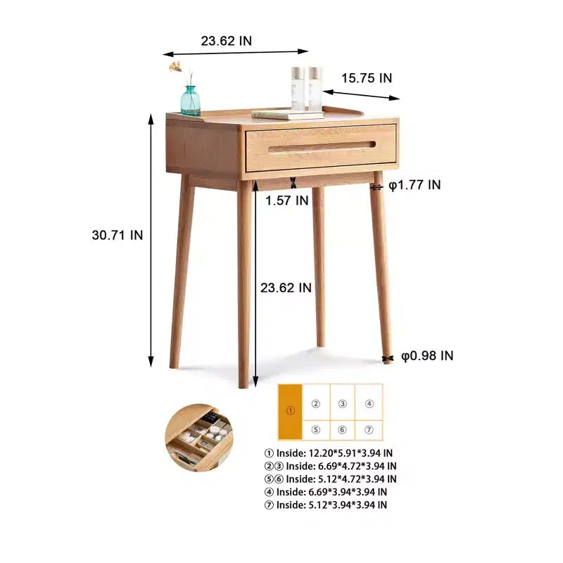 Coiffeuse moderne en bois avec tiroirs de rangement, étagères amovibles et rebords surélevés.