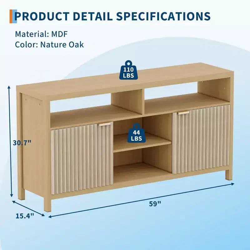 Meuble TV de salon moderne avec console média en bois, portes intégrées et étagères ouvertes.