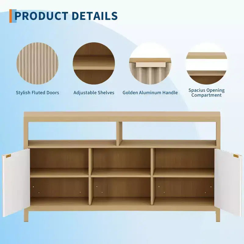 Meuble TV de salon moderne avec console média en bois, portes intégrées et étagères ouvertes.