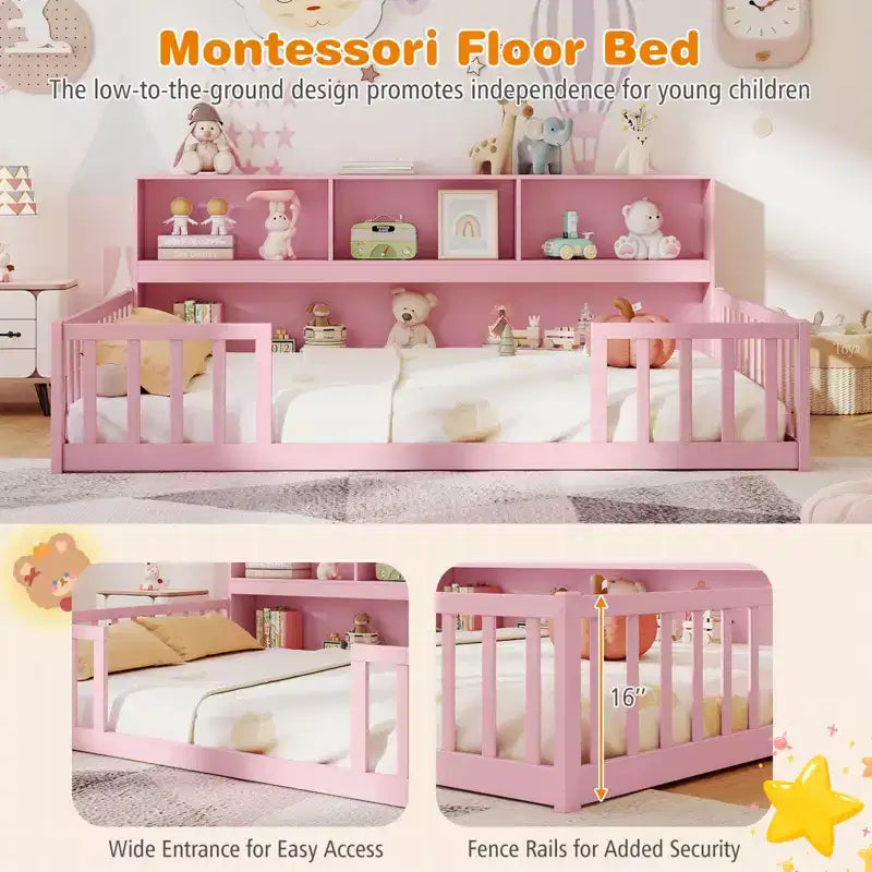 Lit au sol Montessori avec étagères à livres, étagères de rangement et barrières de sécurité.