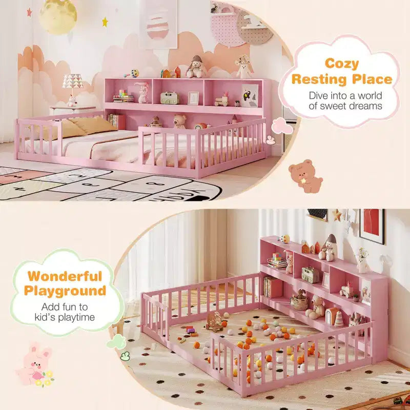 Lit au sol Montessori avec étagères à livres, étagères de rangement et barrières de sécurité.