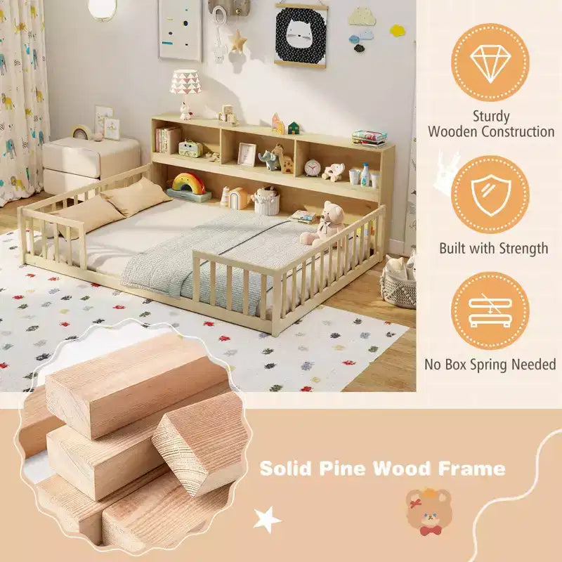 Lit au sol Montessori avec étagères à livres, étagères de rangement et barrières de sécurité.