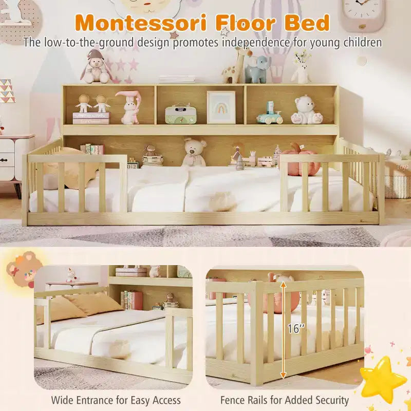 Lit au sol Montessori avec étagères à livres, étagères de rangement et barrières de sécurité.