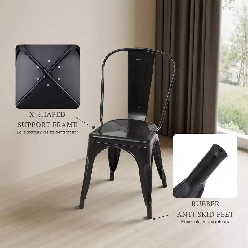Chaises de salle à manger en métal, empilables, avec dossiers amovibles, convenant aux cuisines et salles à manger intérieures et extérieures.