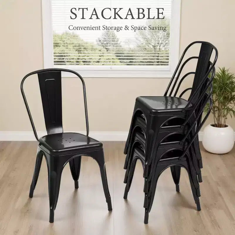 Chaises de salle à manger en métal, empilables, avec dossiers amovibles, convenant aux cuisines et salles à manger intérieures et extérieures.