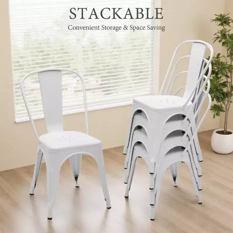 Chaises de salle à manger en métal, empilables, avec dossiers amovibles, convenant aux cuisines et salles à manger intérieures et extérieures.