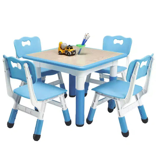 Kids Table and Chairs Set, Adjustable Height Toddler Table & 4 Chairs w/Storage Organizer, Graffiti Top & Non-Slip Legs for Ages 2-10