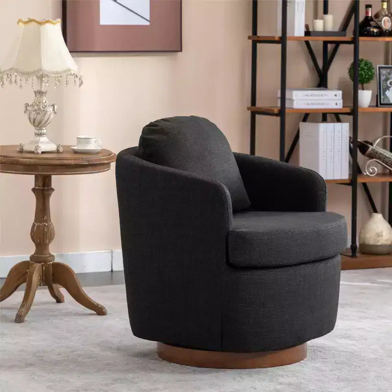 Fauteuil de salon, fauteuil pivotant avec coussins, pieds ronds en bois massif.