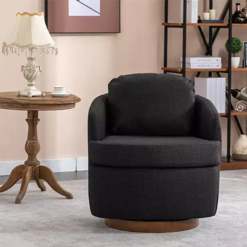Fauteuil de salon, fauteuil pivotant avec coussins, pieds ronds en bois massif.