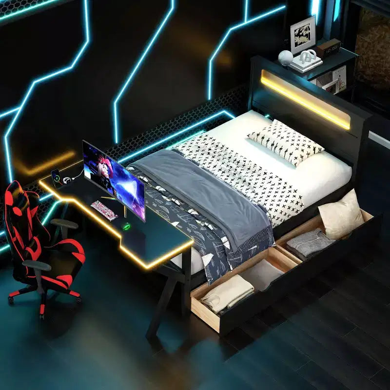 Lit mezzanine de jeu en bois avec tête de lit LED, bureau LED, port USB et deux tiroirs de rangement.