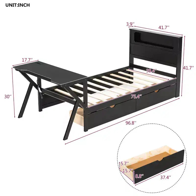 Lit mezzanine de jeu en bois avec tête de lit LED, bureau LED, port USB et deux tiroirs de rangement.
