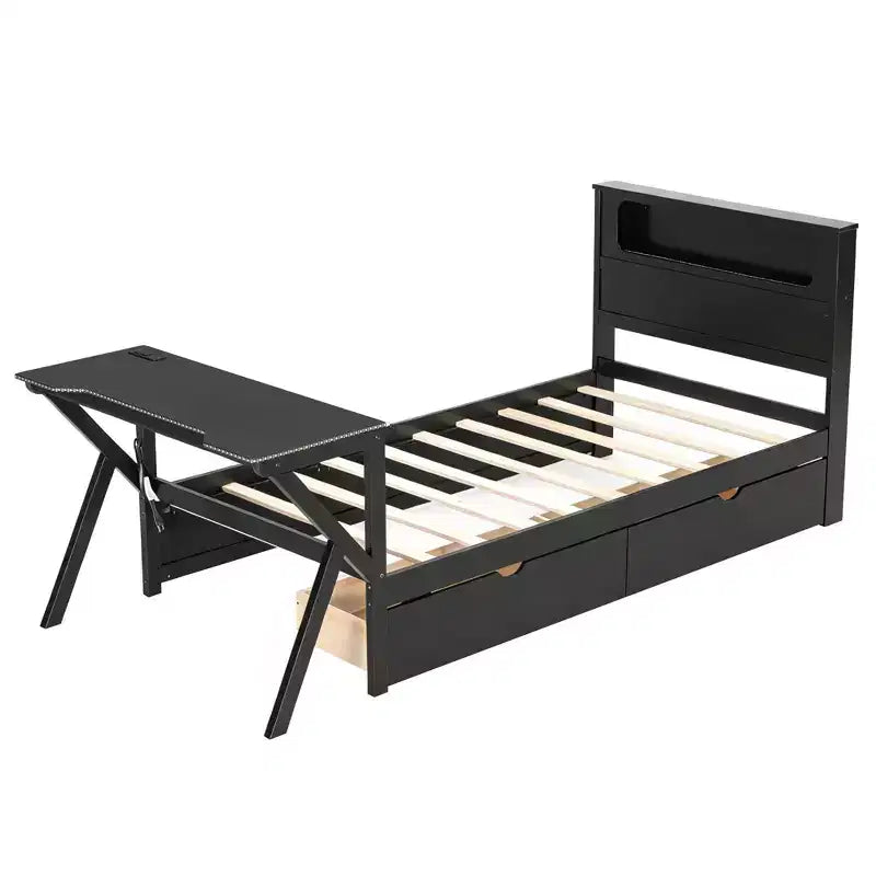 Lit mezzanine de jeu en bois avec tête de lit LED, bureau LED, port USB et deux tiroirs de rangement.