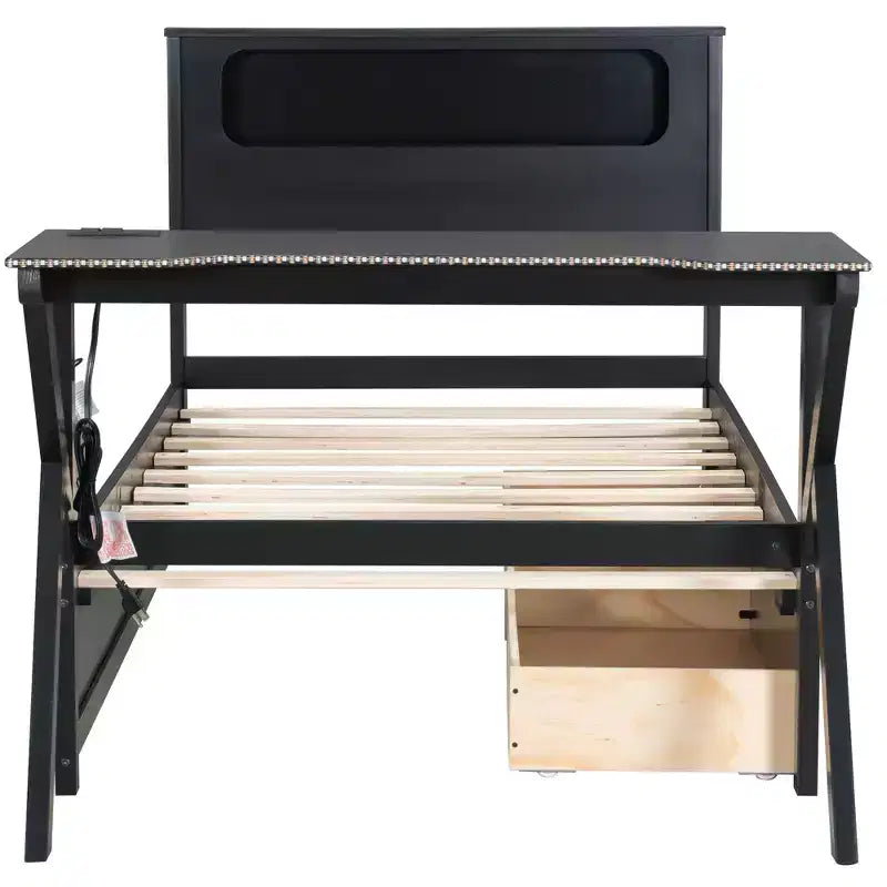 Lit mezzanine de jeu en bois avec tête de lit LED, bureau LED, port USB et deux tiroirs de rangement.