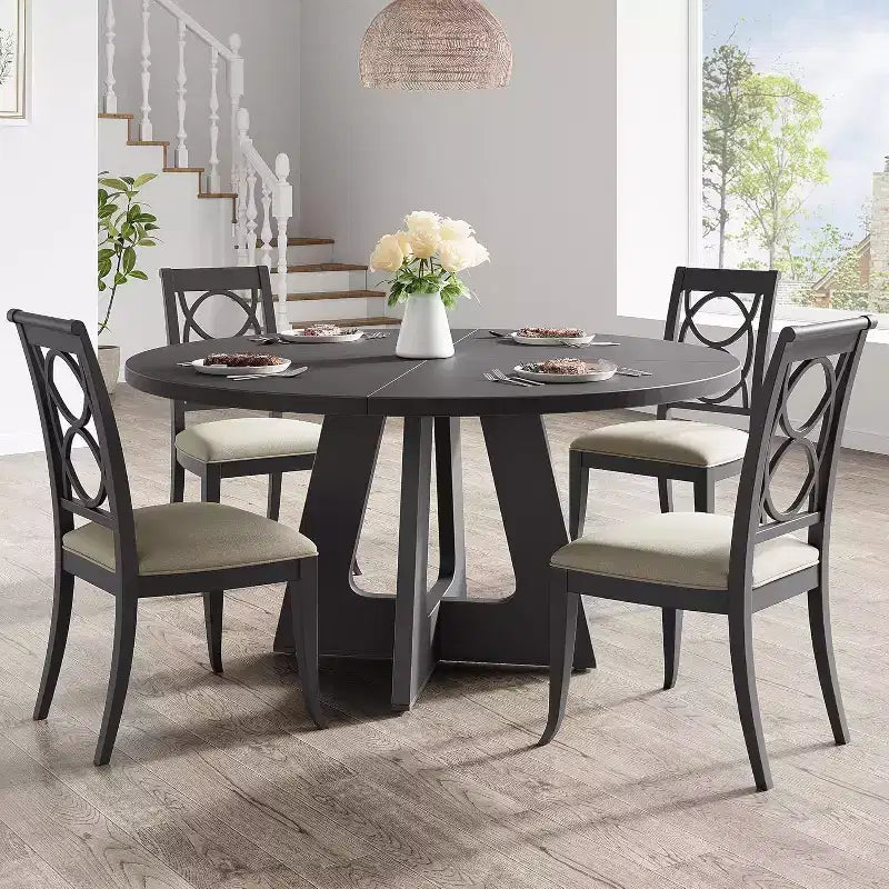 Table de salle à manger de ferme ronde, convenant pour 4 à 6 personnes, grande table rustique en bois gris.