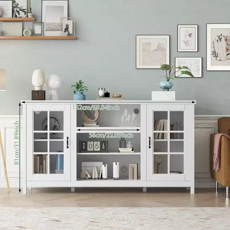Meuble TV, console média moderne de 150 cm avec rangement et prises électriques.