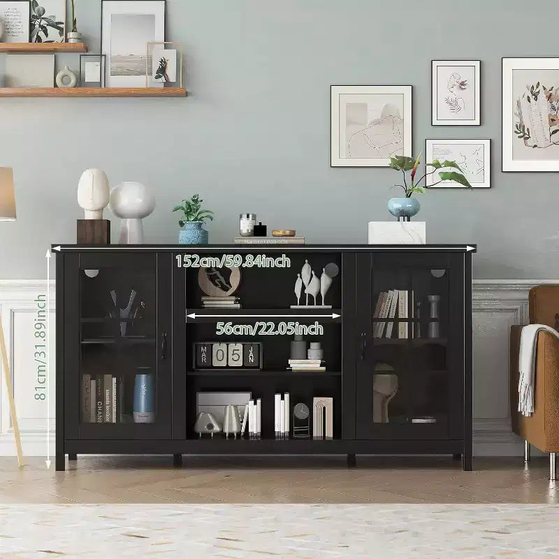 Meuble TV, console média moderne de 150 cm avec rangement et prises électriques.