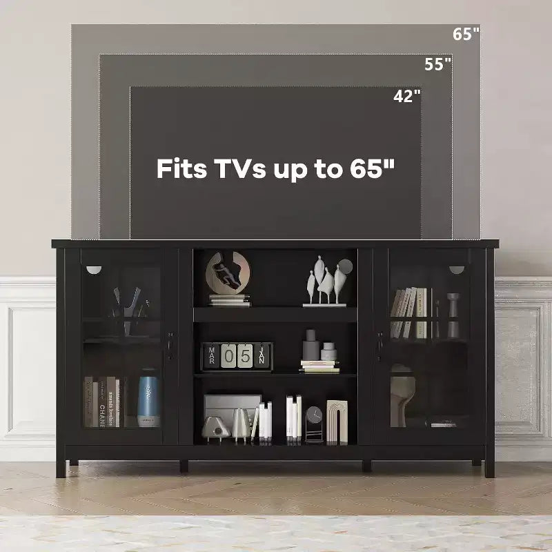 Meuble TV, console média moderne de 150 cm avec rangement et prises électriques.