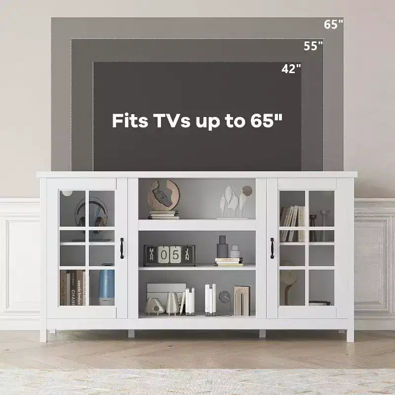 Meuble TV, console média moderne de 150 cm avec rangement et prises électriques.