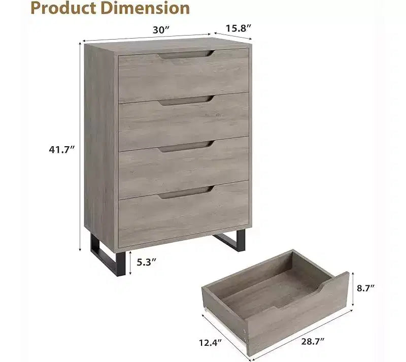 Meuble de rangement haut en bois à quatre tiroirs, de conception indépendante.