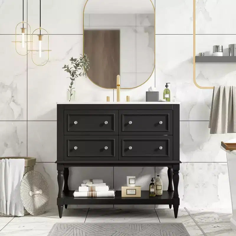 Meuble-lavabo de salle de bain avec évier, armoire de rangement de salle de bain avec tiroirs, meuble-lavabo de salle de bain en bois à lavabo unique