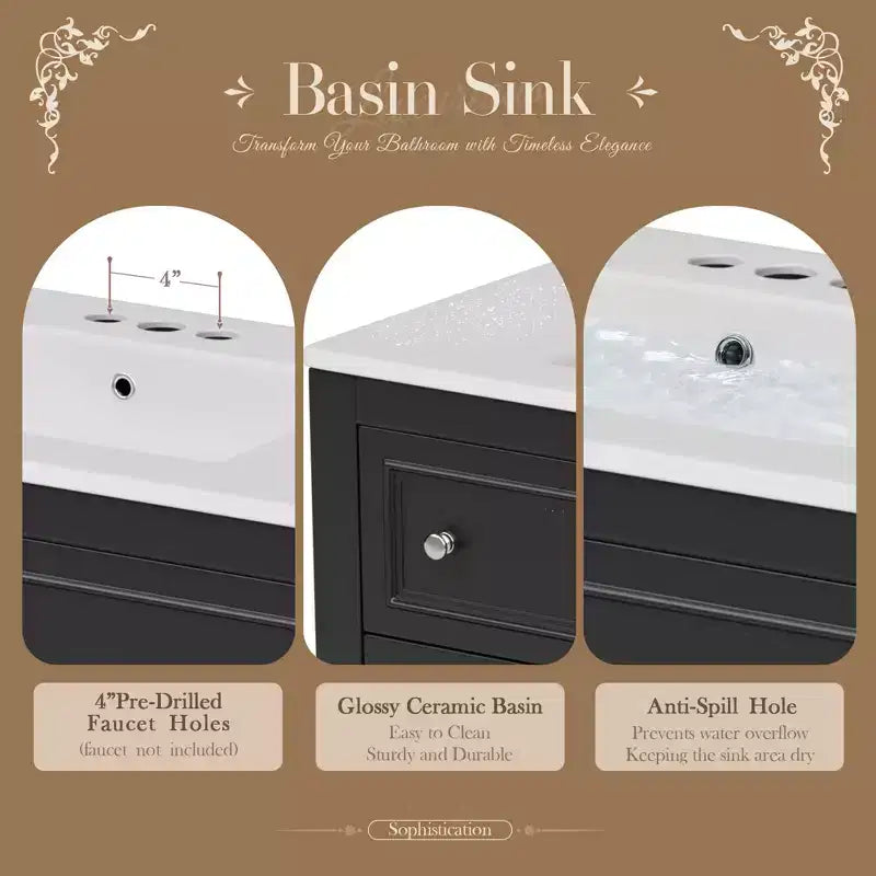 Meuble-lavabo de salle de bain avec évier, armoire de rangement de salle de bain avec tiroirs, meuble-lavabo de salle de bain en bois à lavabo unique