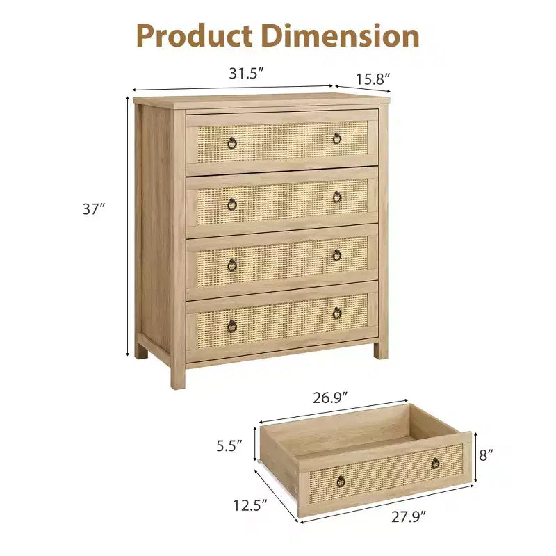 Armoire de chambre en rotin, meuble haut 4/5 tiroirs, panneau tressé naturel, armoire autoportante.