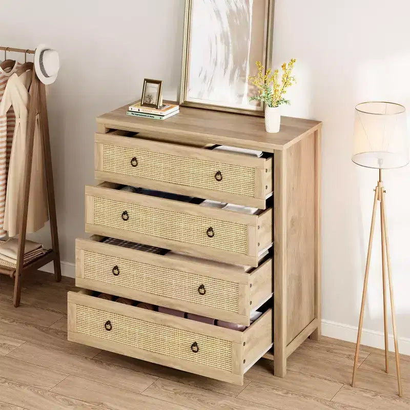 Armoire de chambre en rotin, meuble haut 4/5 tiroirs, panneau tressé naturel, armoire autoportante.