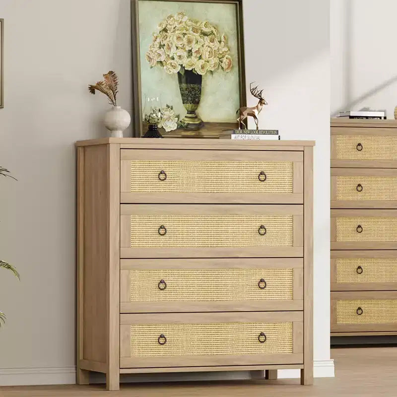 Armoire de chambre en rotin, meuble haut 4/5 tiroirs, panneau tressé naturel, armoire autoportante.