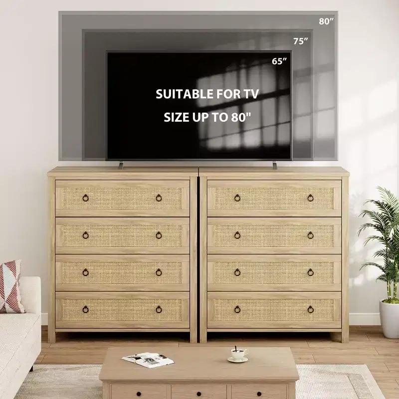 Armoire de chambre en rotin, meuble haut 4/5 tiroirs, panneau tressé naturel, armoire autoportante.
