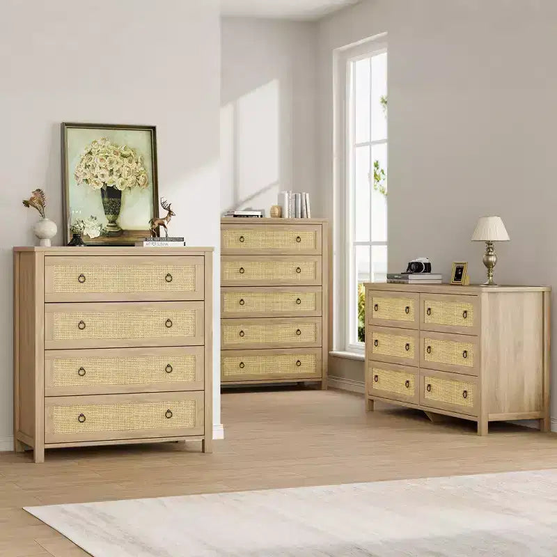 Armoire de chambre en rotin, meuble haut 4/5 tiroirs, panneau tressé naturel, armoire autoportante.