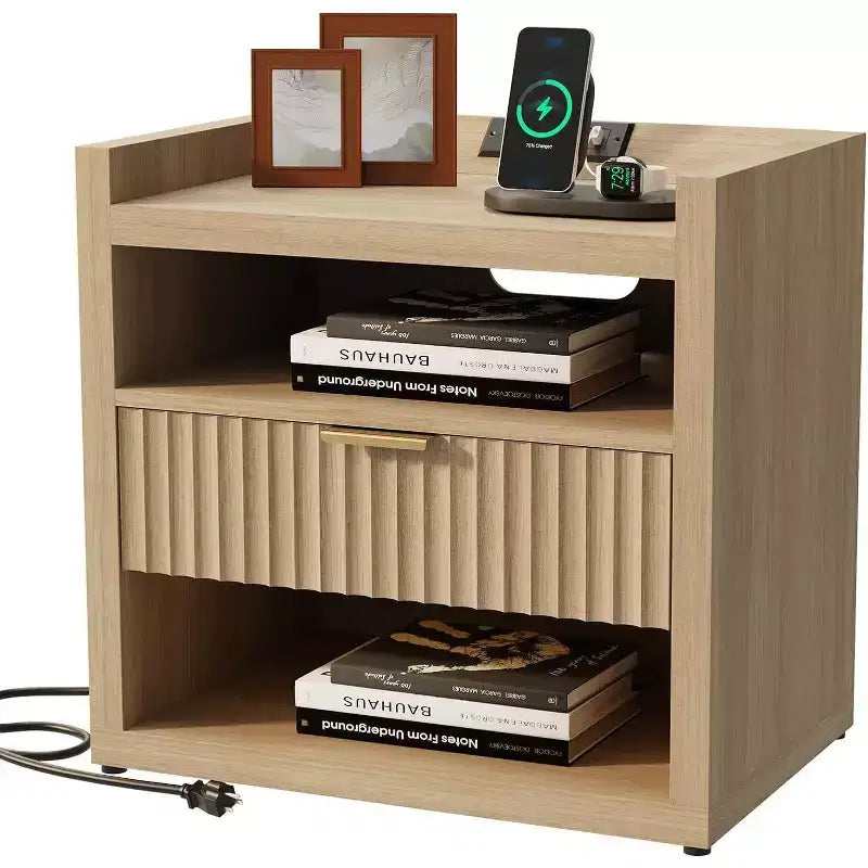Table d'appoint en bois avec station de recharge, table de chevet à tiroir unique