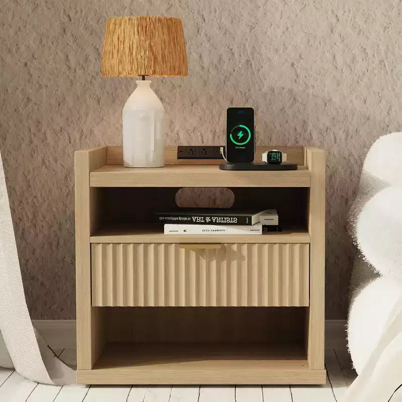 Table d'appoint en bois avec station de recharge, table de chevet à tiroir unique