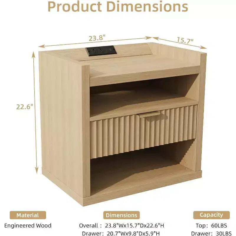 Table d'appoint en bois avec station de recharge, table de chevet à tiroir unique