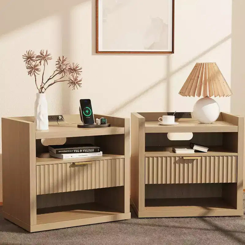 Table d'appoint en bois avec station de recharge, table de chevet à tiroir unique