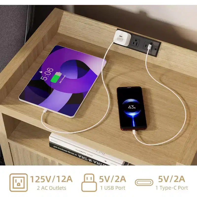 Table d'appoint en bois avec station de recharge, table de chevet à tiroir unique