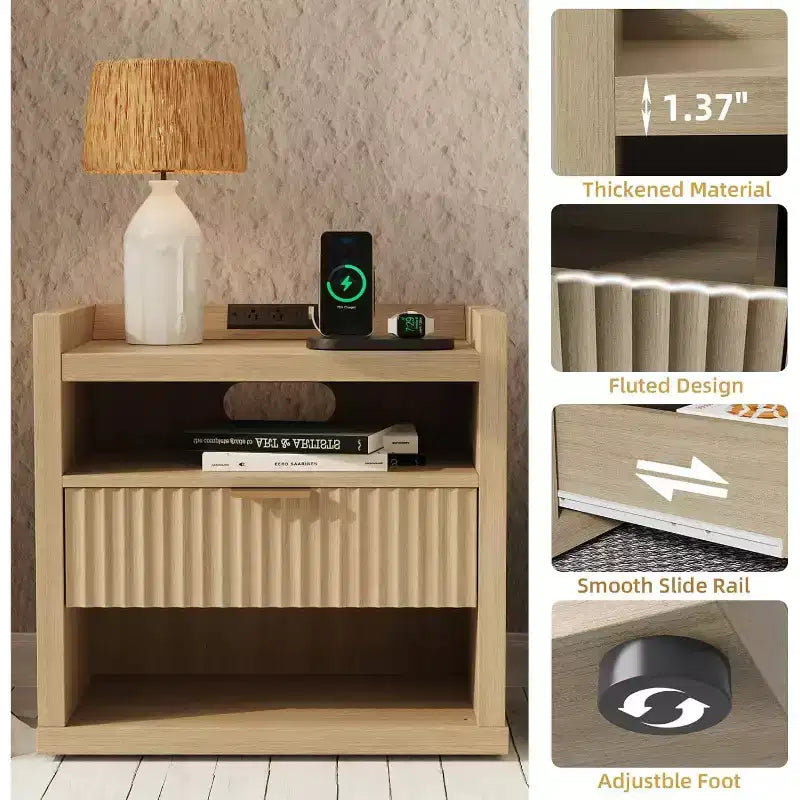 Table d'appoint en bois avec station de recharge, table de chevet à tiroir unique