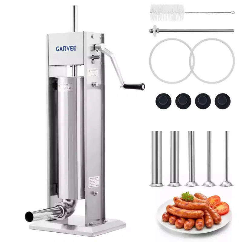 Sausage Stuffer - 304 Stainless Steel Manual Sausage Maker with 2-Speed Gear & Torque Adjustment - Includes 5 Filling Tubes & Cleaning Kit