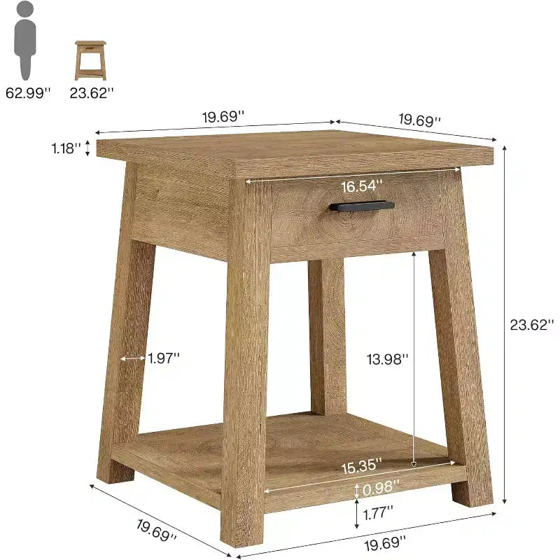 Table d'appoint carrée à double plateau, table de coin en bois avec tiroirs et étagère de rangement.