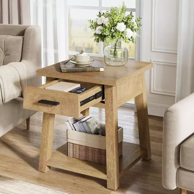 Table d'appoint carrée à double plateau, table de coin en bois avec tiroirs et étagère de rangement.