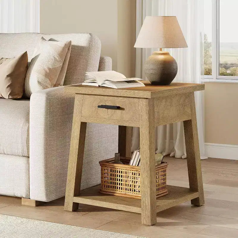 Table d'appoint carrée à double plateau, table de coin en bois avec tiroirs et étagère de rangement.