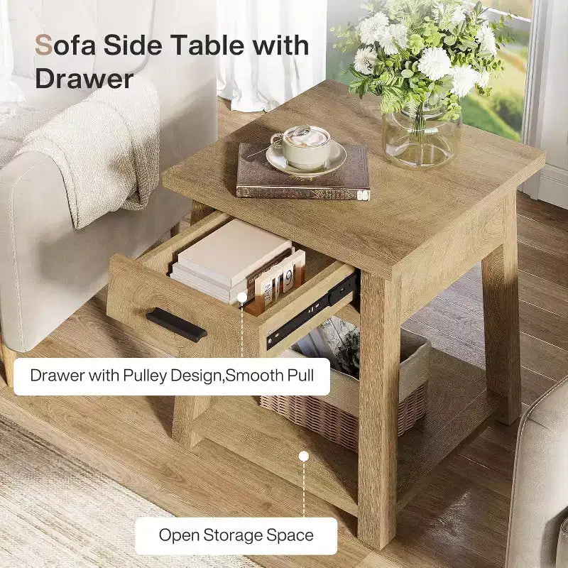 Table d'appoint carrée à double plateau, table de coin en bois avec tiroirs et étagère de rangement.