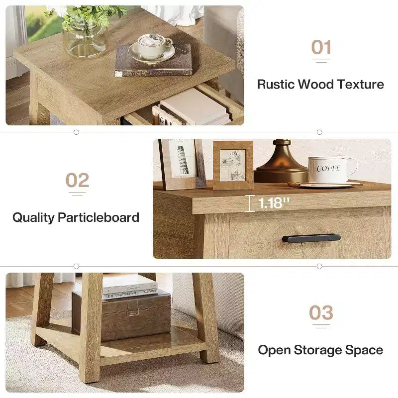Table d'appoint carrée à double plateau, table de coin en bois avec tiroirs et étagère de rangement.