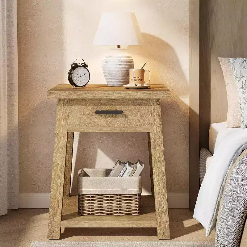 Table d'appoint carrée à double plateau, table de coin en bois avec tiroirs et étagère de rangement.