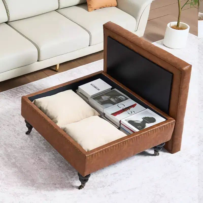 Repose-pieds carré de rangement en cuir, pouf table basse capitonné avec boutons