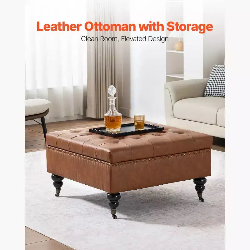 Repose-pieds carré de rangement en cuir, pouf table basse capitonné avec boutons