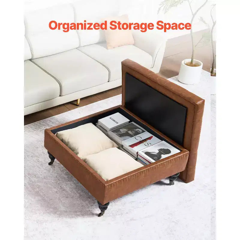 Repose-pieds carré de rangement en cuir, pouf table basse capitonné avec boutons