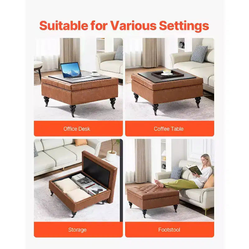 Repose-pieds carré de rangement en cuir, pouf table basse capitonné avec boutons