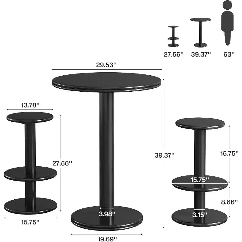 Table de bar ronde et haute avec chaises; table de bar bistro moderne avec deux tabourets de bar; table cocktail haute en bois.